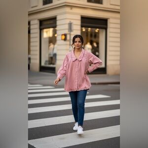 Free People Pink Button-Down Collared Shirt With Ruffled Edges Size S